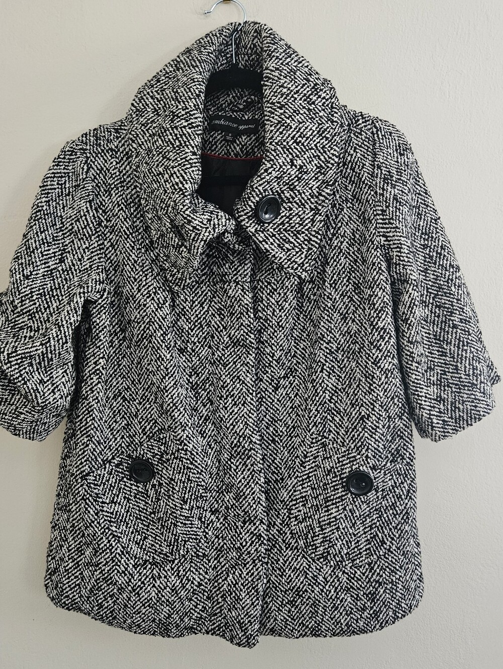 Herringbone Tweed Womens Coat 3/4 Sleeve Button Whimsigoth Elegant Feminine Sm